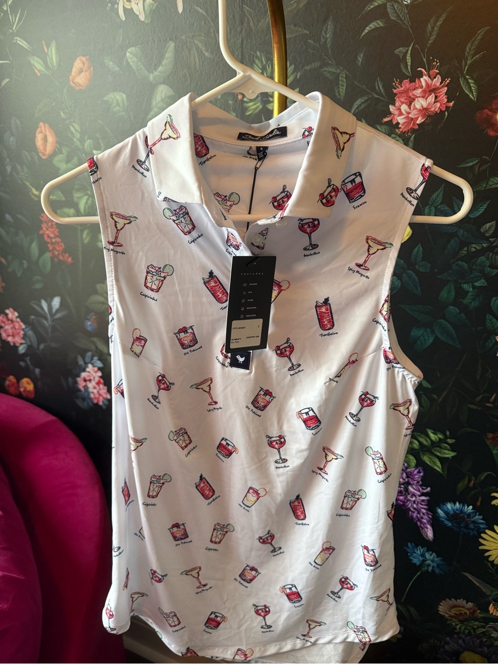Bad Birdie White Sleeveless Collared Tank with Red & Pink Cocktail Motif